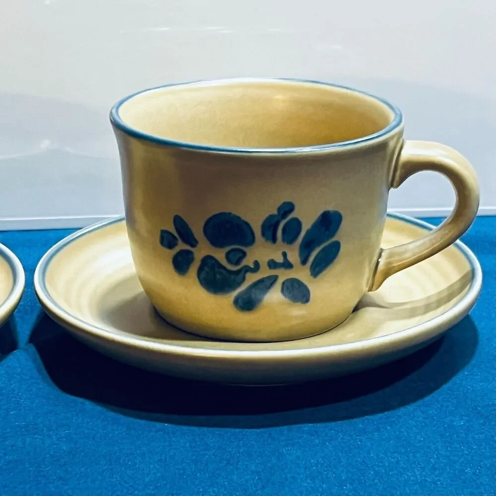 Set of 2 Vintage Pfaltzgraff Folk Art Flat Cup and Saucer Tan Stoneware Blue Flo